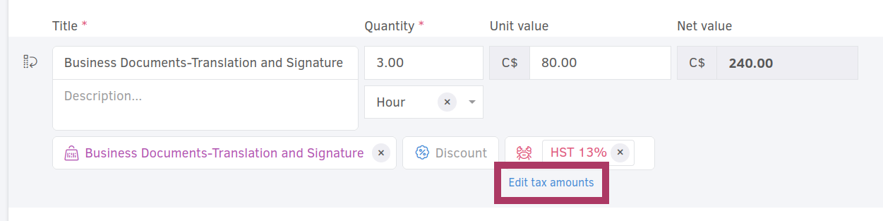 Custom tax amounts on invoices